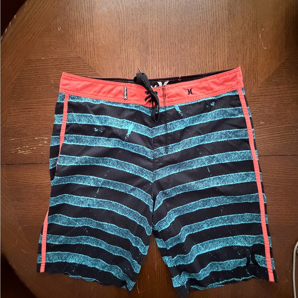 Hurley Men's Black and Teal Striped Board Shorts